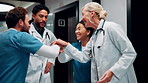 Medical, team and stack hands for celebration, support and applause for success in hospital. Healthcare, happy group and people together for connection with mission, nurses and doctors clap for goal