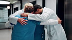 Medical, team and huddle in hospital for support, collaboration and solidarity for cooperation. Healthcare, group hug and people together for connection with mission, nurses and doctors with synergy