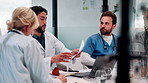 Paperwork, team and planning in hospital, healthcare or problem solving for treatment discussion. Document, doctors and people in clinic for meeting, medical records or insurance info with nurse