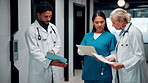 Hospital, team and talking with document for healthcare review, treatment planning or collaboration. Doctors, people and folder in clinic for medical schedule, meeting or problem solving with nurse