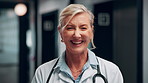Happy, woman and face of doctor in hospital with confidence for career in medical service. Professional, mature person and female healthcare worker with smile for pride in clinic with about us.
