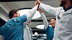 Medical, team and high five in hospital for celebration, support and applause for success. Healthcare, happy group and people with hand gesture for clinic mission, nurses or doctors clapping for goal