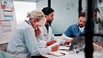 Medical, team and discussion in hospital with documents, staff turnover and stats for mortality rate. Healthcare, people and meeting with paperwork, data analysis and graphs for employee retention.