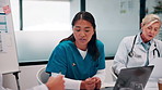 Medical, team and talk in hospital with documents, staff turnover strategy or stats for mortality rate. Healthcare, people and meeting with paperwork, data analysis and graphs for employee retention.