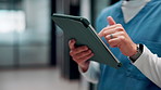 Nurse, hands and scroll in hospital with tablet, research patient medical history or online test results. Healthcare worker, person and typing in clinic with tech, telehealth website or check report.