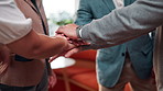 Business, team and hands with stack in office for pre pitch motivation, project unity and support. Corporate, people and huddle with clapping for funding mission, employee engagement and job cohesion