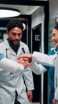 Hands, together and doctors in team for achievement, collaboration or hospital celebration. Group, nurses and people with stack and applause for surgery success, medical service or healthcare