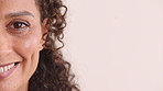 Happy woman, portrait and studio with eyes for sight, optometry or awareness on a white background. Female person, half and eyesight with smile or contact lens for optic healthcare on mockup space