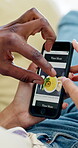Hands, couple and phone screen on home sofa for browsing, online app and homepage of website. People, cellphone or technology with couple to scroll internet, food search or connection on house couch
