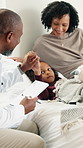 Mom, doctor or child with high five for home visit, exam or health checkup in bedroom. Mother, healthcare worker or pediatrician with girl in house for medical illness, fever and check temperature