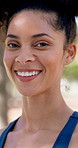 Outdoor, face and woman with confidence for fitness, cardio training and morning routine for health. Portrait, athlete and runner in park for endurance practice, smile and pride for wellness goals