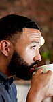Coffee, man and reading at agency at night for article editing, check story grammar and productivity. Editor, person and beverage at workplace for publication review, proofreading and blog deadline