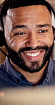 Night, talking and man in call center on computer for consulting, financial advisor and contact us. Office, business and happy person with headset for communication, finance advice and client support