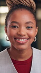 Face, confidence or businesswoman with laugh in office, housing market career or real estate seller. Portrait, African person or realtor with pride for property management, rental agency or happiness