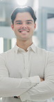 Man, happy and arms crossed with face in office for pride, confidence and career at finance company. Person, advisor and broker in portrait with smile, job or asset management at agency in Spain