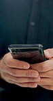 Hands, phone and typing with business person in office for alert, communication or notification. App, contact or update with employee on digital tech for internet search, management or text message