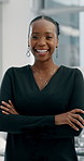 Corporate, happy and face of black woman with crossed arms for financial advisor, career and about us. Business, office and portrait of person with confidence for consulting, job and finance agency