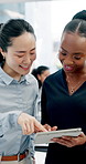 Talking, office and business women on tablet for online report, finance review and proposal. Corporate, boardroom and people on digital tech for financial portfolio, investment choice and discussion