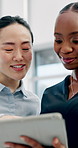 Meeting, office and business women on tablet for online report, finance review and proposal. Corporate, boardroom and people on digital tech for financial portfolio, investment choice and discussion