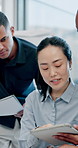 Finance, discussion and business woman with tablet in office boardroom for planning or review. Coaching, development and presentation with financial team in workshop together for wealth management