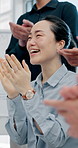 Woman, team and applause with celebration in office with goals, motivation and success at finance company. Business people, excited and announcement, achievement and profit at investment agency