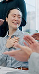 Woman, team and applause with success in office with goals, motivation or celebration at finance company. Business people, happy and announcement, achievement and congratulations at investment agency