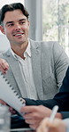 Man, discussion and documents at office meeting with feedback, notes and insight at finance company. Business people, advisor and paperwork for strategy, proposal and review at investment agency