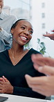 Woman, team and applause with success at office meeting with goals, motivation or smile at finance company. Business people, happy and announcement, achievement and thank you at investment agency
