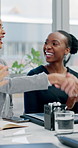 Woman, team and handshake with applause at office meeting with goals, promotion or smile at finance company. Business people, success and shaking hands, achievement and thank you at investment agency