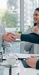 Businessman, team and handshake with applause at office meeting, goals or promotion at finance company. People, success and announcement, achievement or smile for congratulations at investment agency