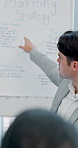 Marketing, discussion and businessman with whiteboard in office boardroom for planning or review. Coaching, development and presentation with research team in workshop together for management report