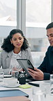 Tablet, meeting and business people in office with research for finance report on investment planning. Discussion, digital technology and financial advisors with advice on audit portfolio for budget.
