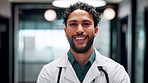 Smile, man and face of doctor in hospital with confidence for career in medical service. Professional, happy and portrait of male healthcare worker with smile for pride in clinic with about us.
