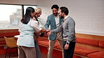 Business, team or stack with celebration in office for pitch success, deal closure or achievement. Finance manager, happy people or huddle with clapping for funding approval, group milestone or pride