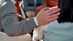 Support group, hand or people in therapy, circle or understanding for trauma with safe space. Shoulder touch, psychology or comfort in community center for empathy, kindness or care for mental health