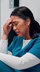 Stress, doctor and woman with mistake in hospital for patient loss, surgery fail or crisis. Healthcare, thinking and person with worry, guilt and regret on floor for medical service, burnout or error
