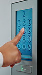 Elevator, floor access or hands with screen, level choice or smart system in ui design. Digital, panel review and female person with tech, building management or lift interface with screen selection.