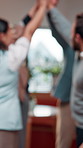 High five, meeting and blur of business people in office for collaboration, teamwork and agreement. Startup, applause and men with women in huddle for support, partnership and celebrate for goals