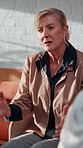 Counselor, talk and woman with group therapy in office for stress management, guidance or solution. Mental health, EAP and mature therapist at work counseling for burnout, peer support and assistance