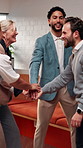 Hands, stack and business people with applause for teamwork, collaboration and success. Startup, huddle and happy men with women in office for support, partnership and celebration for company growth