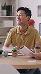 Laughing, man and people with paperwork in meeting, coworking and planning for campaign with report. Creative, team and discussion with brand manager, writing and marketing strategy with documents