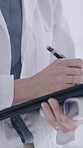 Clipboard, hands and doctor with thermometer for virus, disease or test for checklist in hospital. Medical, clinic and professional person taking notes for symptoms, temperature or exam for health