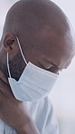 Medical, face mask or black man with sore throat, sick or head discomfort with virus protection. Healthcare, space or person with illness, migraine pain or respiratory issue with infection prevention