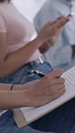 Person, writing and waiting with clipboard for vaccine, consent form or signature in clinic. Healthcare, information and queue for paperwork with immunization, face mask or covid booster treatment