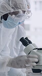 Microscope, science and people for virus, medical research or analysis in laboratory. PPE, biotech and scientist or team with safety test, experiment or clinical trial for sample, disease or vaccine