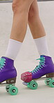 Rollerblades, fitness and shoes of women in skatepark for hobby, exercise and extreme sports. Roller skating, training and balance with skates of person outdoor for recreation, technique and practice