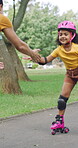 Rollerskate, hug and mom support for child with outdoor fun, learning and bonding in park. Love, playing and family, woman or girl with help, practice and hobby for balance, patience and care