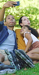 Family, funny face and selfie with child at park, profile picture and memory on social media or web. Outdoor, mom and dad with kid on weekend, photography and interracial people with smile in nature