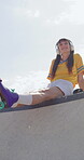 Relax, roller skates and woman with headphones at park, streaming music and radio for practice break. Training pause, rest or happy person with audio tech for playlist, low angle or sunshine on ramp