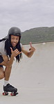 Rollerblades, shaka and face of black man in skatepark for hobby, exercise and extreme sports. Roller skating, training and balance with person outdoor for recreation, technique and practice